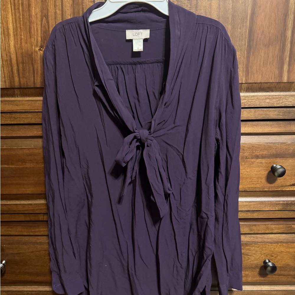 LOFT Purple Tie-Front Blouse with Relaxed Style
